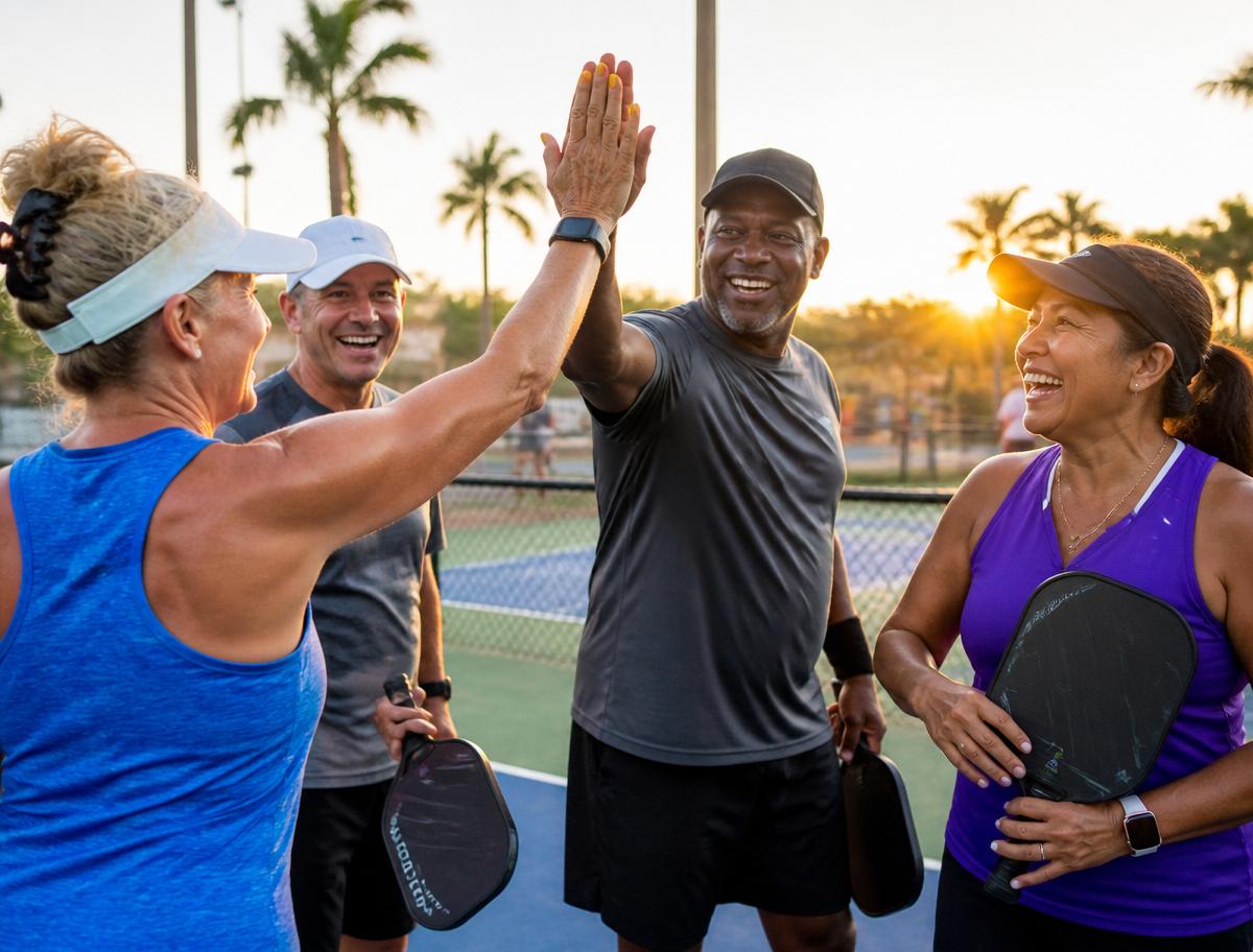 Florida pickleball players celebrating after a match at sunset